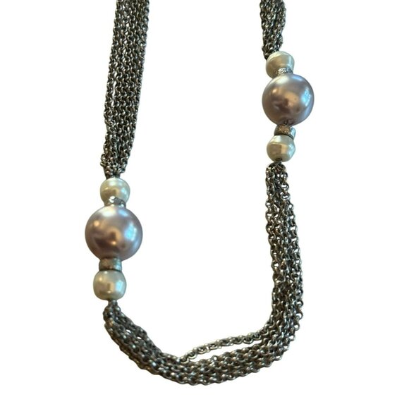Signed Talbots Multi-Strand Silver-Tone Chain Necklace With Faux Pearl Accents - Picture 3 of 5